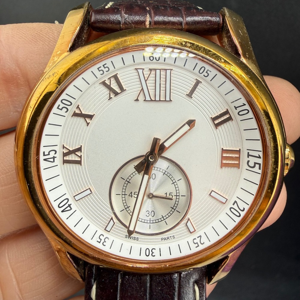 Bronzo Italia Watch Gold Tone Roman Numeral Leather Band Brown UNTESTED 7.5in